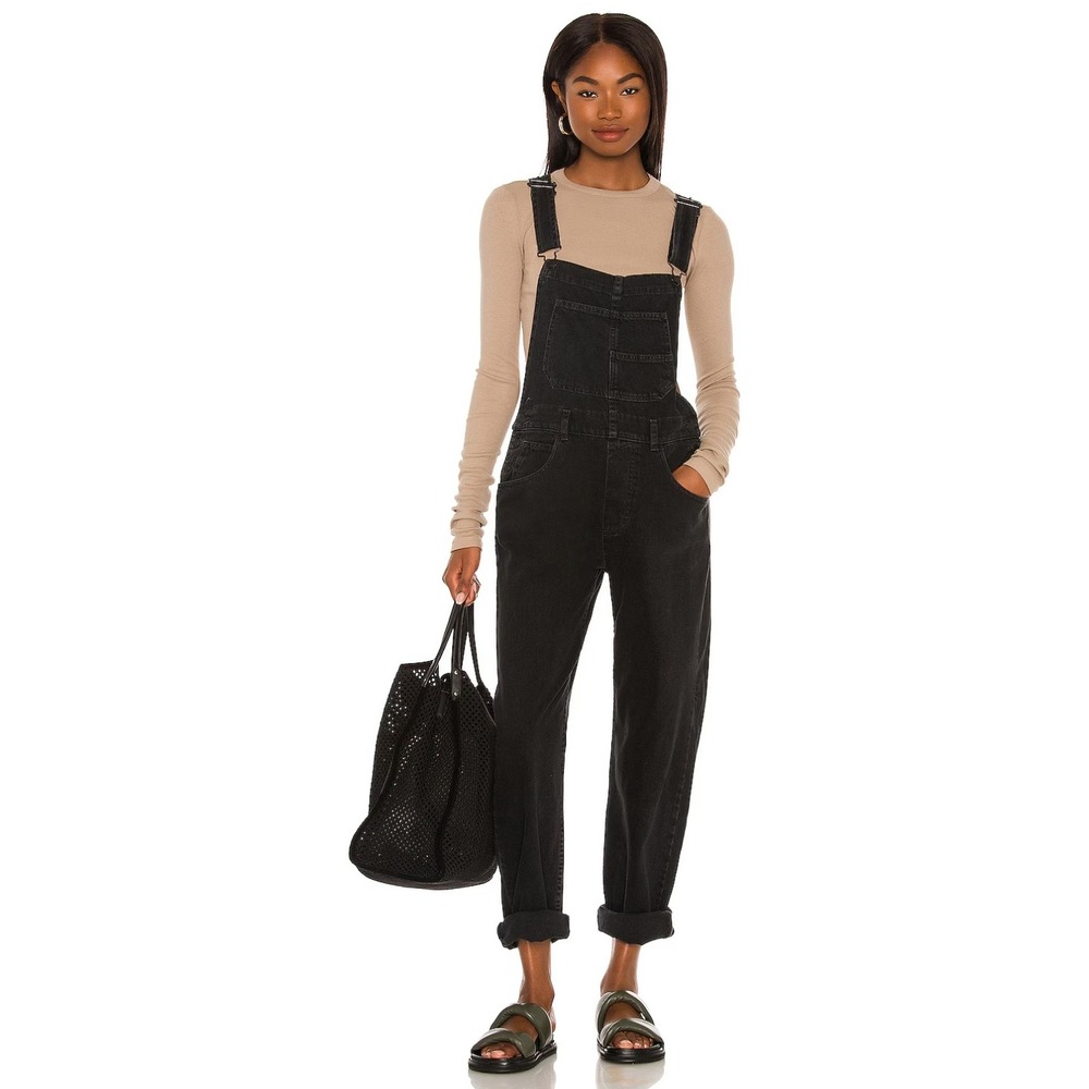 Free People Denim Overalls Small Black Ziggy Straight Leg Relaxed Fit Cotton